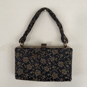 Vtg Metal‎ Box Purse/Clutch Handbag Black Gold Floral Tapestry Lined Retro Glam